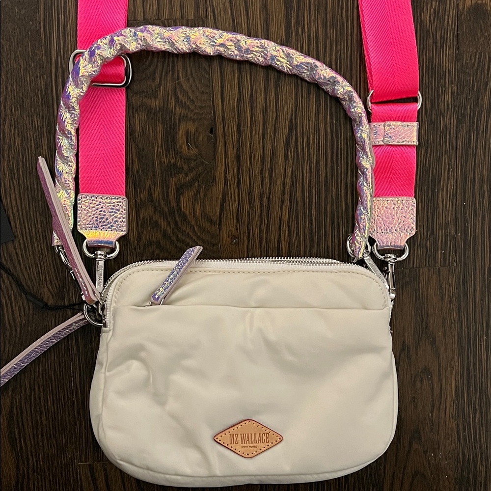 MZ Wallace Cream Crossbody Bag with Pink Strap